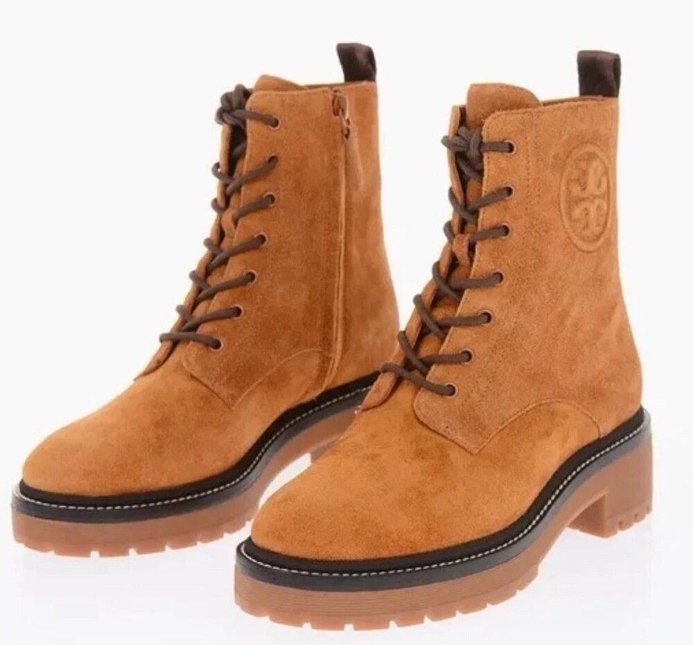 Tory Burch Miller Lug Sole Combat Boots Tan Suede Lace Up Women’s 10.5